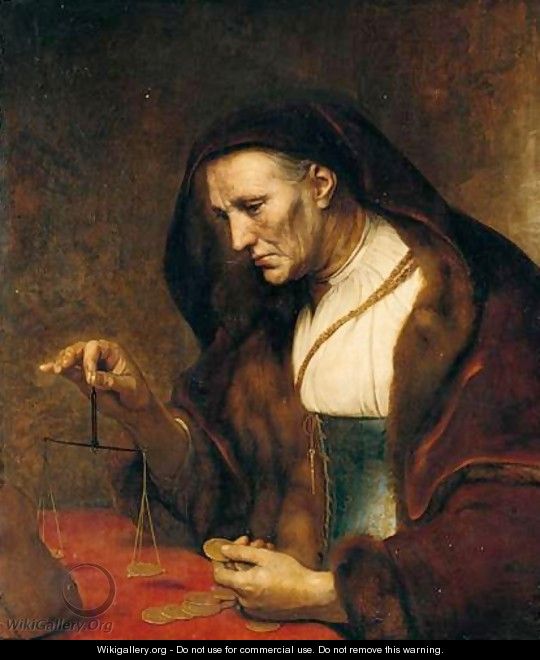 An Old Woman Weighing Gold Coins - Rembrandt School