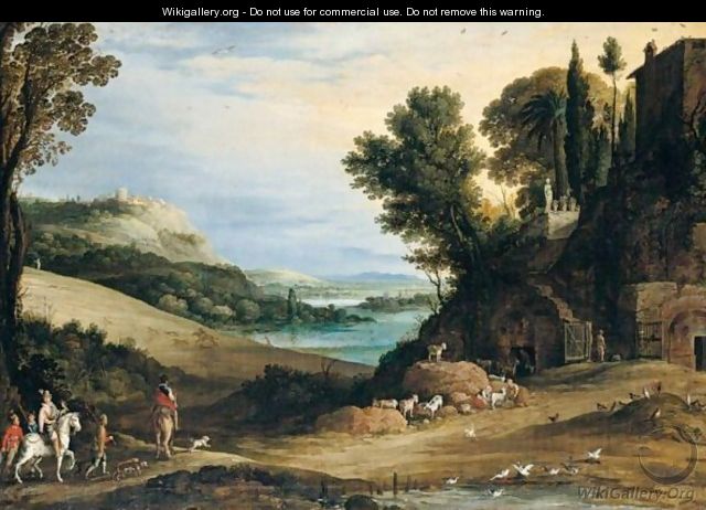 An Italianate Landscape With A Hawking Party Approaching A Villa, Other Huntsmen And A Hilltop Town Beyond - Paul Bril