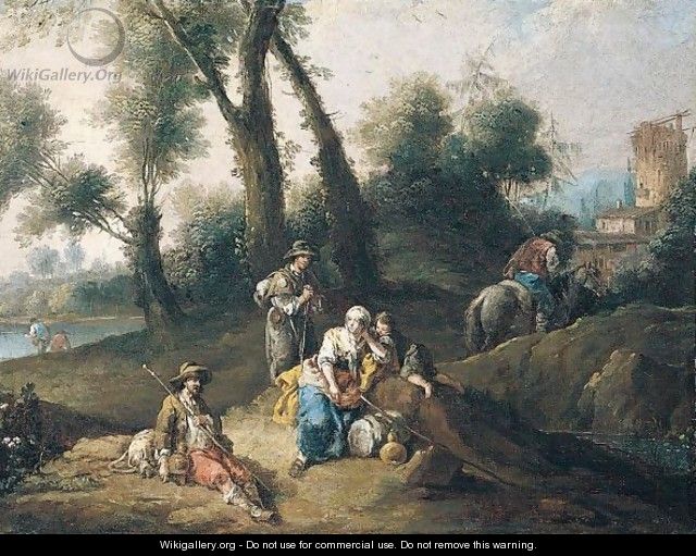 A Landscape With Travellers And Pilgrims Resting Beside A Stream, Ruins Beyond - Giuseppe Zais