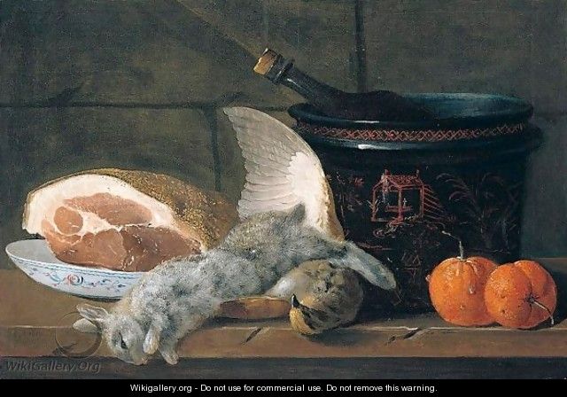 Still Life With A Ham, A Porcelain Bowl, A Chinoiserie Pot, Two Oranges, A Rabbit And A Partridge, Together On A Wooden Table - Jacques Charles Oudry