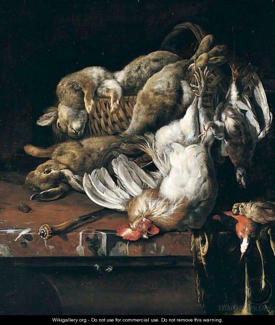 Still Life Of Rabbits On A Wicker Basket, A Bantam Cockerel, Partridge, Kingfisher And A Songbird, Together With A Knife, Arranged Upon A Marble Table-Top Draped With A Green Cloth - Melchoir D