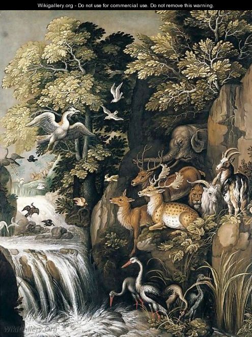 A River Landscape With Deer, Elephants, Lions, Goats And Other Animals And Birds Beside A Waterfall - (after) Roelandt Jacobsz Savery
