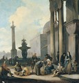 Figures And Tradesmen Near A Fountain In A Roman Square - Johannes Lingelbach