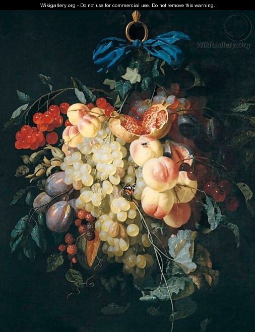 Still Life Of Grapes, Peaches, Plums, Raspberries And Cherries, Suspended From A Ring, Tied With A Blue Ribbon, Together With A Red Admiral Butterfly And A Fly - Johannes Hannot
