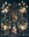 A Stone Cartouche Adorned With Flowers And Butterflies, Surrounding An Image Of The Virgin And Child With The Infant Saint John The Baptist - Jan van Kessel