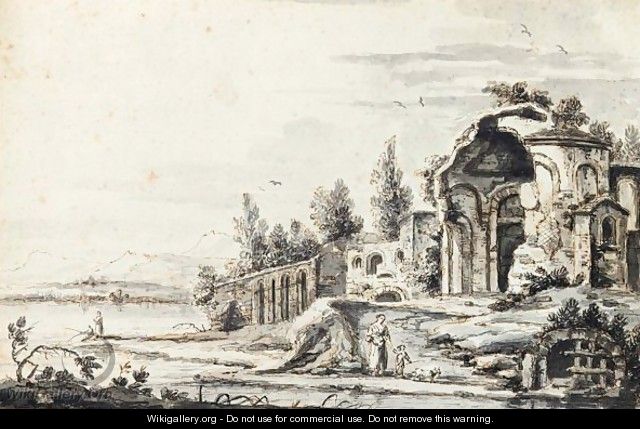 Landscape With Classical Ruins By A Lake, A Woman And Child In The Foreground - Giuseppe Zais