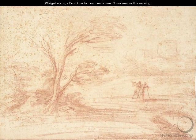 A Landscape With A Tree And Two Travellers Near A Pond In The Foreground, And Distant Buildings Behind - Giovanni Francesco Guercino (BARBIERI)