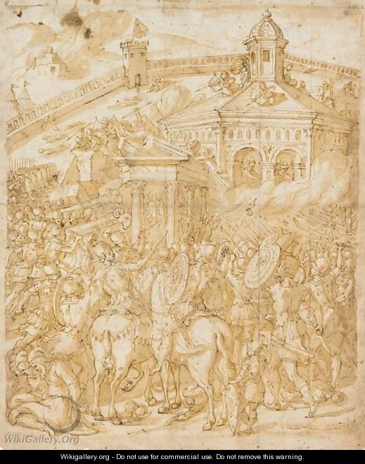 Roman Soldiers Attacking A Temple Within City Walls - (after) Francesco De
