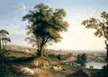 A Panoramic Landscape In The Roman Campagna With A Distant Prospect Of The Villa Albani Near Rome, Peasants With Goats And Cattle Beneath A Great Tree In The Foreground. - Jakob Philippe Hackert