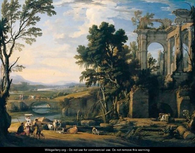 A Classical Landscape With Drovers And Animals Resting On The Banks Of A River Before A Set Of Ruins - Pierre Patel