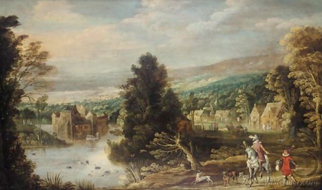 A River Landscape With Huntsmen And Hounds - (after) Joos De Momper