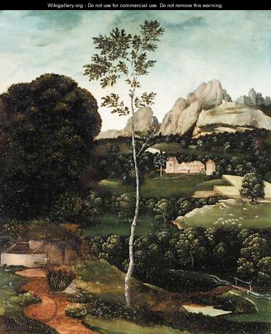 A Landscape With A Path And A Birch In The Foreground, A Farmhouse In The Distance - (after) Joachim Patenier (Patinir)
