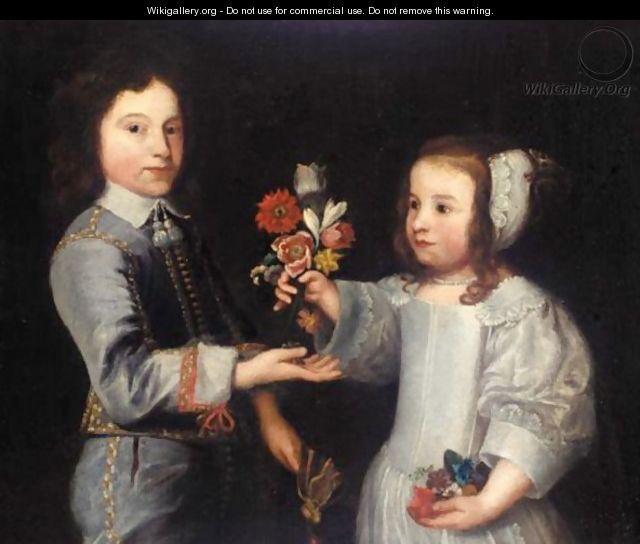 A Double Portrait Of A Young Boy And A Young Girl Holding Flowers - (after) Dyck, Sir Anthony van