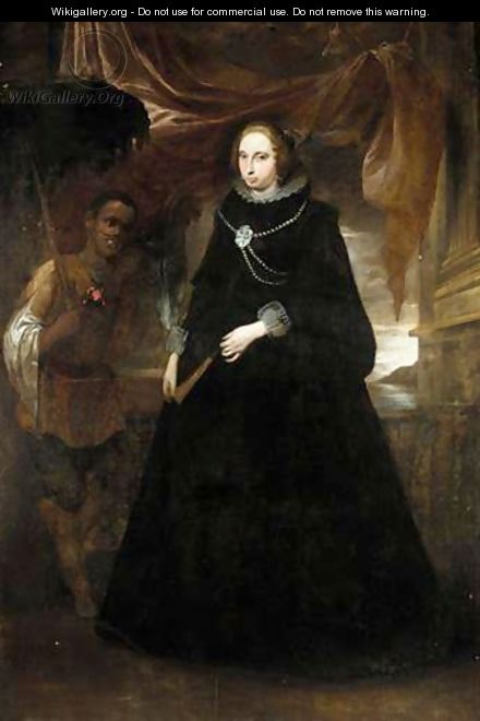 Portrait Of A Lady, Full Length Standing, Holding A Fan, With Her Moorish Attendant Holding A Parasole - (after) Giovanni Bernardo Carbone