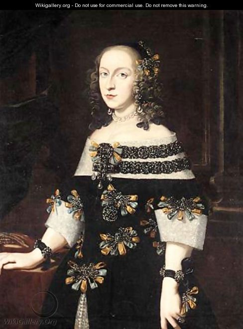 Portrait Of A Lady, Three Quarter Length, Wearing A Black Dress With Blue And Gold Bows - (after) Pier Francesco Cittadini