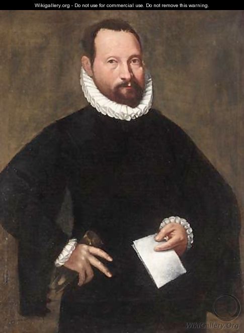 Portrait Of A Gentleman, Three Quarter Length, Wearing Black, Holding A Letter And A Pair Of Gloves - (after) Giovanni Battista Moroni