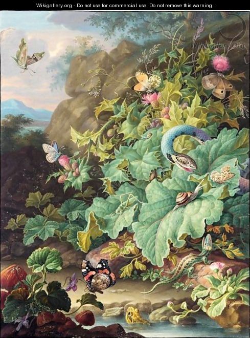 Thistles, Daisies And Mushrooms By A Pond With A Snake, A Lizard, A Frog And Various Insects - Herman Henstenburgh