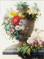 An Urn Garlanded With Flowers, And Peaches, Grapes, Hazelnuts And Various Insects And Snails On A Stone Ledge - Herman Henstenburgh