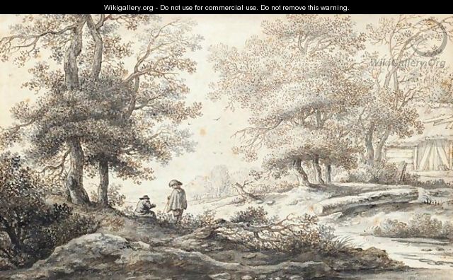 Wooded Landscape With Two Figures Resting By A Stream - Aernout Ter Himpel