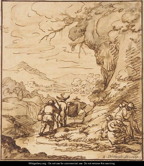 A Mountainous Landscape With Peasants On A Track In The Foreground - Zacharias Blijhooft