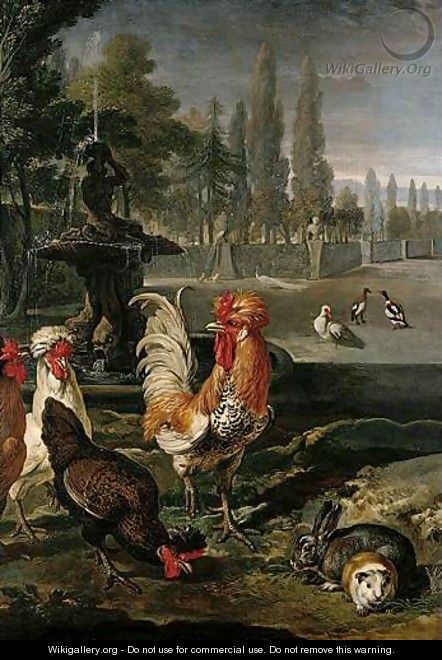 The Grounds Of A Villa With Bantams, A Rabbit, Guinea Pig And Duck, Beside A Classical Fountain - David de Koninck