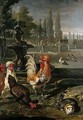 The Grounds Of A Villa With Bantams, A Rabbit, Guinea Pig And Duck, Beside A Classical Fountain - David de Koninck