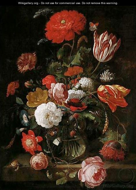 A Still Life Of Tulips, Roses, Blackberries, And Other Flowers In A Glass Vase, On A Stone Ledge - Hendrick Schoock