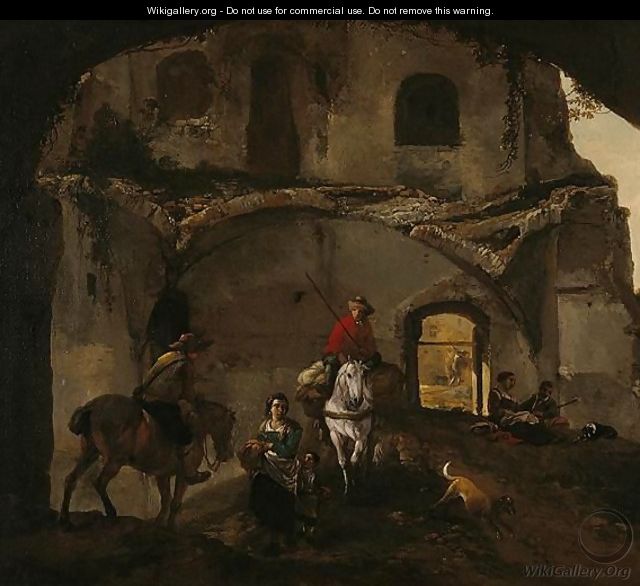 An Italianate Landscape With Two Riders And Other Figures Beneath Ruined Buildings - Philips Wouwerman