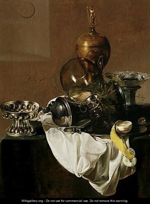 A Still Life Of Silverware, An Overturned Roemer, A Peeled Lemon On A Plate, A Blue-And-White Porcelain Bowl And An Ormolu Vase, All On A Table Draped With A White Cloth - Jan Jansz. Treck