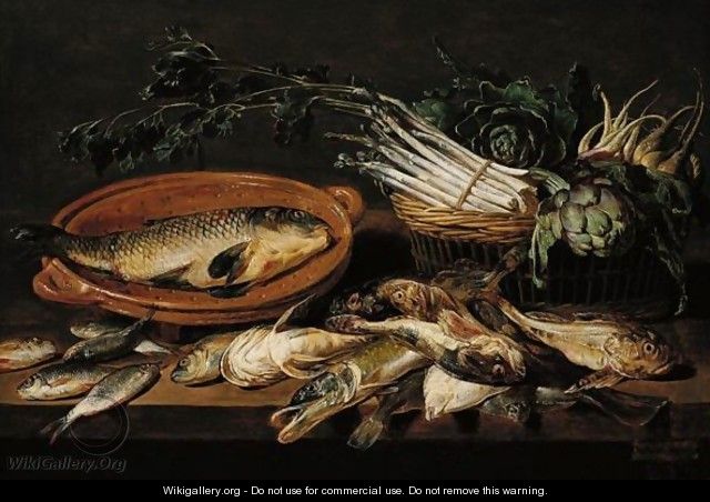 A Still Life Of Artichokes, Asparagus, Radishes, And Turnips In A Wicker Basket, With A Carp In A Terracotta Dish, Together With Salt- And Fresh-Water Fish, All Arranged Upon A Table-Top - Adriaen van Utrecht