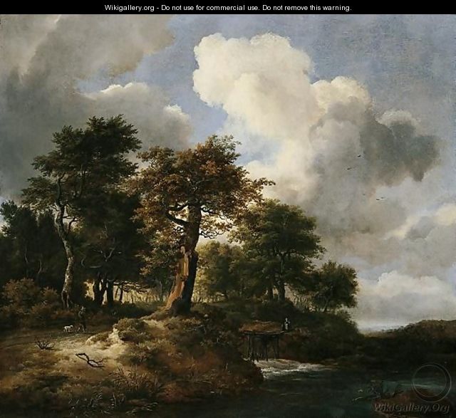 A Landscape With A Torrent At The Margins Of A Wood And Figures On A Road - Jacob Van Ruisdael