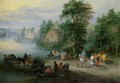 A Wooded River Landscape With Peasants And Cattle By A Ferry, A Village Beyond - Theobald Michau