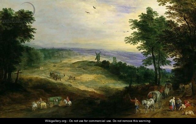 A Wooded Landscape With Travellers On A Track, A Windmill Beyond - Joos De Momper