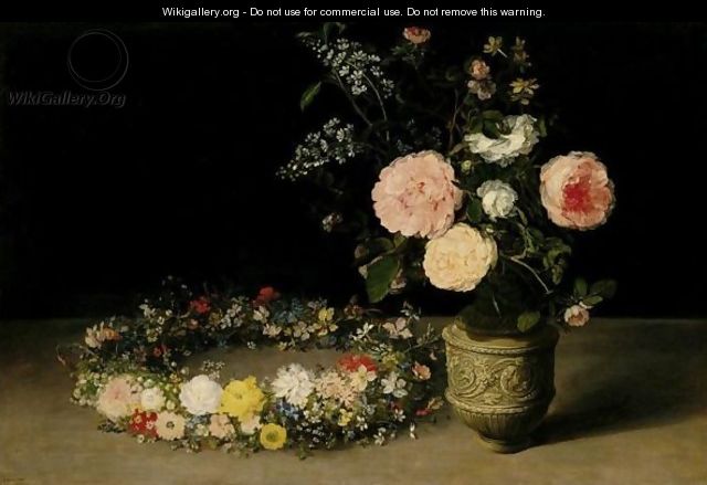 A Still Life Of Roses And Sprays Of Lilac In An Ornamental Stoneware Vase, With A Wreath Of Roses, Forget-Me-Nots, Jasmine, Cyclamen And Other Flowers Resting Nearby, All On A Table-Top - Jan The Elder Brueghel