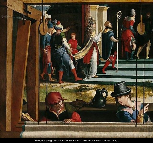 Saint Severus Entering A Church, Weavers At Work In The Foreground - Pieter Coecke Van Aelst