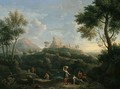 A Southern Landscape With Figures In The Foreground And A Hill-Top Town Beyond - Jan Frans van Orizzonte (see Bloemen)