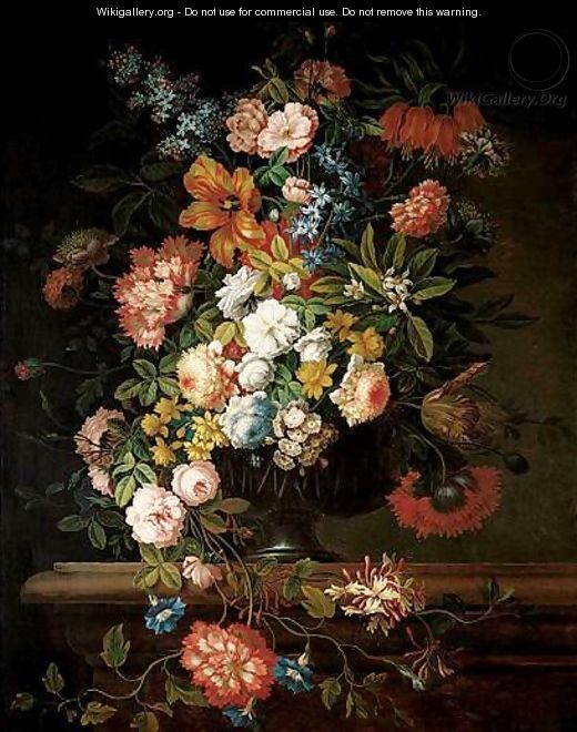 A Still Life Of Flowers Including Roses, Lilac, A Crown Imperial, Tulips, Morning-Glory, Honeysuckle, Stocks And Peonies In A Glass Vase, All On A Stone Ledge - (after) Jean-Baptiste Monnoyer