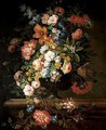 A Still Life Of Flowers Including Roses, Lilac, A Crown Imperial, Tulips, Morning-Glory, Honeysuckle, Stocks And Peonies In A Glass Vase, All On A Stone Ledge - (after) Jean-Baptiste Monnoyer