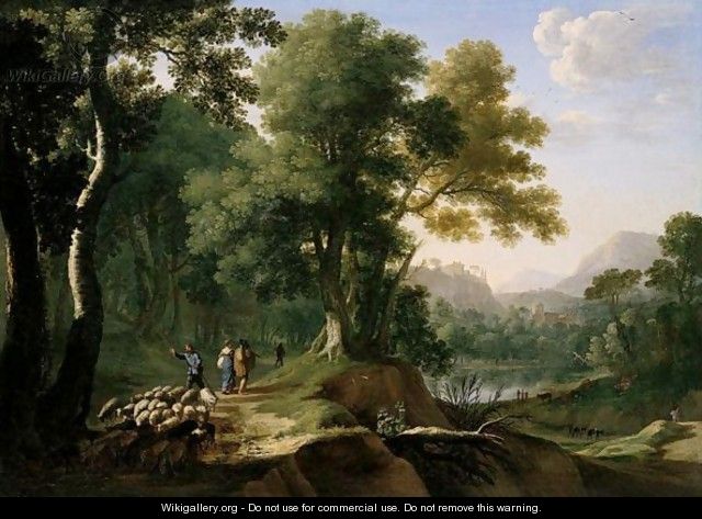 A Southern Landscape With Travellers, A Drover And Sheep On A Track Above A Lake, A Hill-Top Town In The Distance - Herman Van Swanevelt