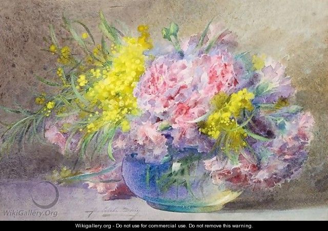 Still Life Of Flowers Including Mimosa And Other Flowers In A Glass Bowl - Blanche Odin