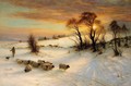 Herding Sheep In A Winter Landscape At Sunset - Joseph Farquharson