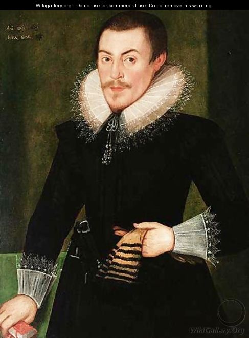 Portrait Of A Man Holding A Pair Of Gloves - English School