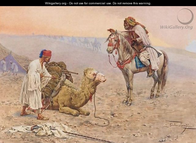 A Horseman Stopping At A Desert Camp, North Africa - Giulio Rosati