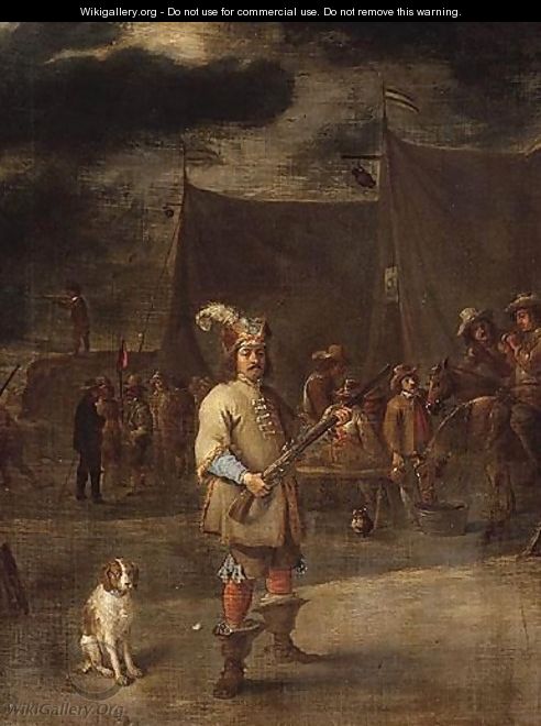 A Military Encampment With A Soldier And Dog Before Tents - Lambert de Hondt