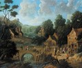 A River Landscape With Boors Carousing Before A Tavern - Flemish School