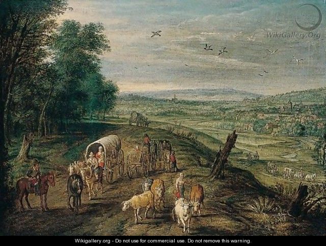 An Open Landscape With Waggoners And Drovers On A Track, A Town Beyond - Jan, the Younger Brueghel
