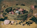 Still Life Of Flowers In A Wicker Basket, With Other Blooms And Leaves Scattered Around - Flemish School