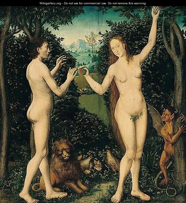 Adam And Eve In The Garden Of Eden - The Taking Of The Forbidden Fruit - (after) Lucas The Elder Cranach