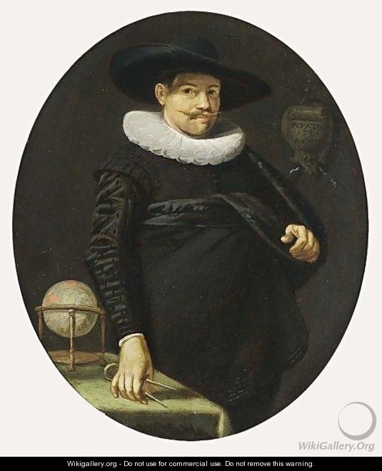 A Portrait Of A Geographer, Aged 34, Standing Three-Quarter Length, Wearing A Black Satin Suit With A White Lace Collar And A Black Hat, A Table With A Globe On The Left - Hendrick Gerritsz Pot