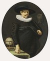 A Portrait Of A Geographer, Aged 34, Standing Three-Quarter Length, Wearing A Black Satin Suit With A White Lace Collar And A Black Hat, A Table With A Globe On The Left - Hendrick Gerritsz Pot